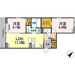 新築プレミア西条中央A棟 3階2LDKの間取り