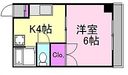 広島電鉄2系統 観音町駅 徒歩3分の賃貸マンション 4階1DKの間取り