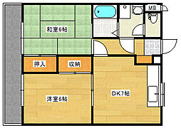 JR可部線 古市橋駅 徒歩4分の賃貸マンション 2階2DKの間取り