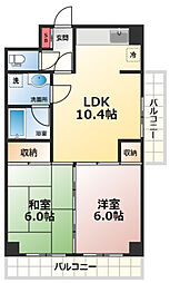 JR山陽本線 向洋駅 徒歩15分の賃貸マンション 6階2LDKの間取り