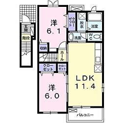 JR芸備線 上深川駅 3.3kmの賃貸アパート 2階2LDKの間取り