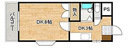 JR山陽本線 安芸中野駅 徒歩9分の賃貸マンション 2階1Kの間取り
