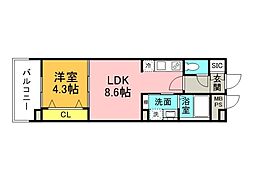 広島電鉄8系統 寺町駅 徒歩4分の賃貸マンション 8階1LDKの間取り