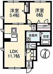 JR芸備線 矢賀駅 徒歩18分の賃貸アパート 1階2LDKの間取り