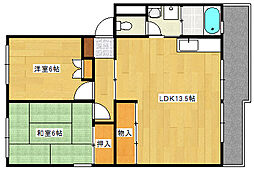 広島電鉄宮島線 商工センター入口駅 徒歩15分の賃貸マンション 2階2LDKの間取り