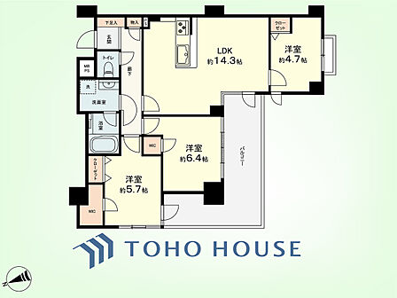 3LDK 専有面積70.23平米、バルコニー面積14.85平米