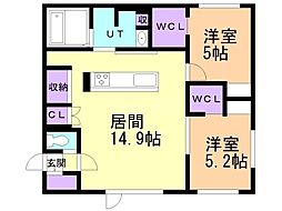苫小牧市美園町3丁目アパート 2LDKの間取図画像