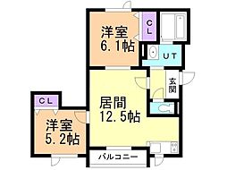 苫小牧市拓勇西町8丁目アパート 2LDKの間取図画像