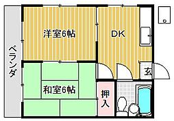ハイツ西川 2階2DKの間取り