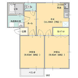 ハイツ幸II 1階2DKの間取り