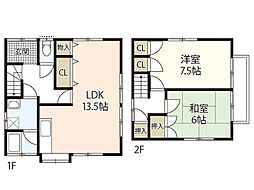 熊中借家 1階2LDKの間取り