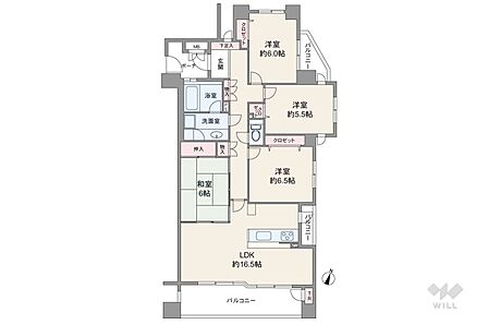 間取りは専有面積94.52平米の4LDK。開口部が広く開放的な横長リビングのプラン。バルコニーは3か所あり、キッチン横のバルコニーはゴミの一時置き場等に使えます。浴室に窓があり湿気がこもらず快適。