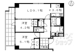京都市営烏丸線 烏丸御池駅 徒歩5分の賃貸マンション 4階2LDKの間取り