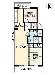 UR都市機構洛西福西公園団地1棟 2LDKの間取図画像