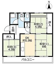 UR都市機構桃山南団地3棟 3DKの間取図画像