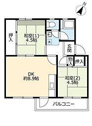 UR中登美第三 5階2DKの間取り