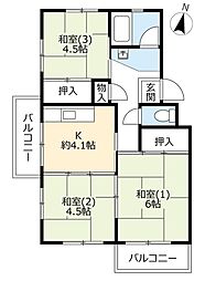 UR中登美第三 1階3Kの間取り