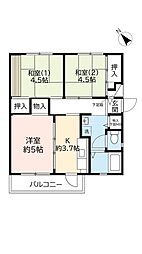 UR都市機構中登美団地C-3 3Kの間取図画像