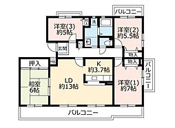 UR都市機構コンフォールかぶと台9号棟 4LDKの間取図画像