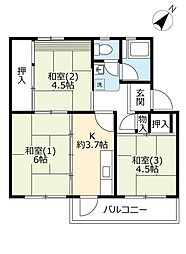 UR都市機構中登美団地C-3 3Kの間取図画像