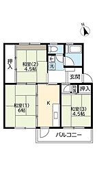 UR都市機構西大和星和台団地8号棟 3Kの間取図画像