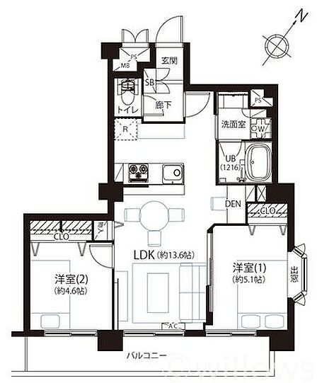 間取り図:2LDK 専有面積51.78平米 南東向きバルコニー 日当たり・風通し良好!