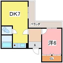 グランテール西福井 2階1DKの間取り