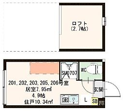 ハーモニーテラス中板橋II 1階ワンルームの間取り