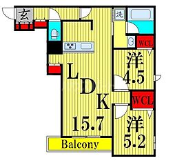 メゾンクレール谷在家 1階2LDKの間取り