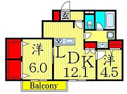メゾンクレール谷在家 1階2LDKの間取り