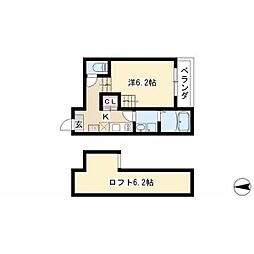 名鉄小牧線 上飯田駅 徒歩10分の賃貸アパート 2階1Kの間取り