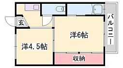 ビレッジハウス朝日ケ丘1号棟 1DKの間取図画像