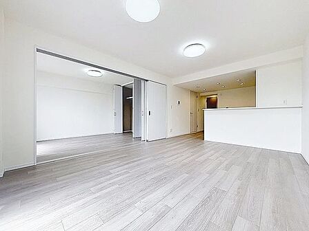 「スライドドアを採用した住まい」スライドドアを開け放し、大型リビングにも。2WAY利用ができるのは嬉しいメリットです。