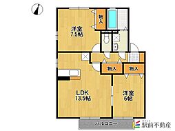 リビングタウン弥生が丘　B棟 1階2LDKの間取り