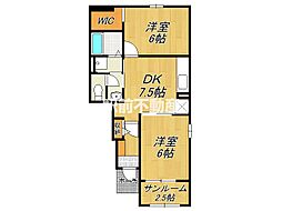 ライズピークB 1階2DKの間取り