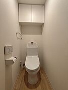 トイレの上部には収納付き。トイレットペーパー等、買い置きもしやすそうです。
