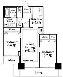 河田町ガーデン1 3階2LDKの間取り