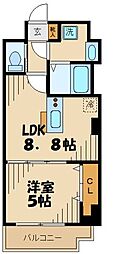 テオリア府中 2階1LDKの間取り