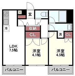 イーストビー国立 2LDKの間取図画像
