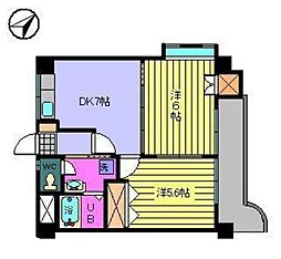 サザンコート6 2階2DKの間取り