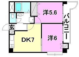 サザンコート6 4階2DKの間取り