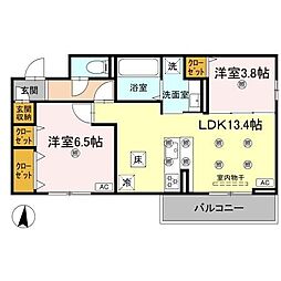 クランツ北井門B 2LDKの間取図画像