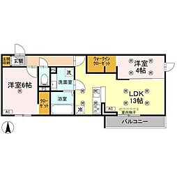 クランツ古川西 B棟 2LDKの間取図画像