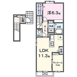 寺家アパート 2階1LDKの間取り