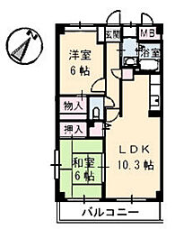 ウエルスA 6階2LDKの間取り