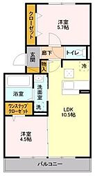 レイク藤和　Ａ 1階2LDKの間取り