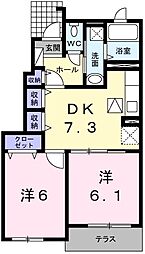 オワゾーブルーB棟 2DKの間取図画像