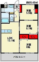 フローラ菜園場 8階3LDKの間取り