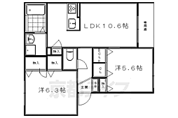 京都市営烏丸線 国際会館駅 徒歩11分の賃貸アパート 1階2LDKの間取り