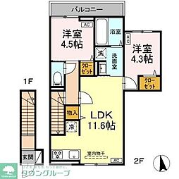 JR中央線 東小金井駅 徒歩15分の賃貸アパート 2階2LDKの間取り